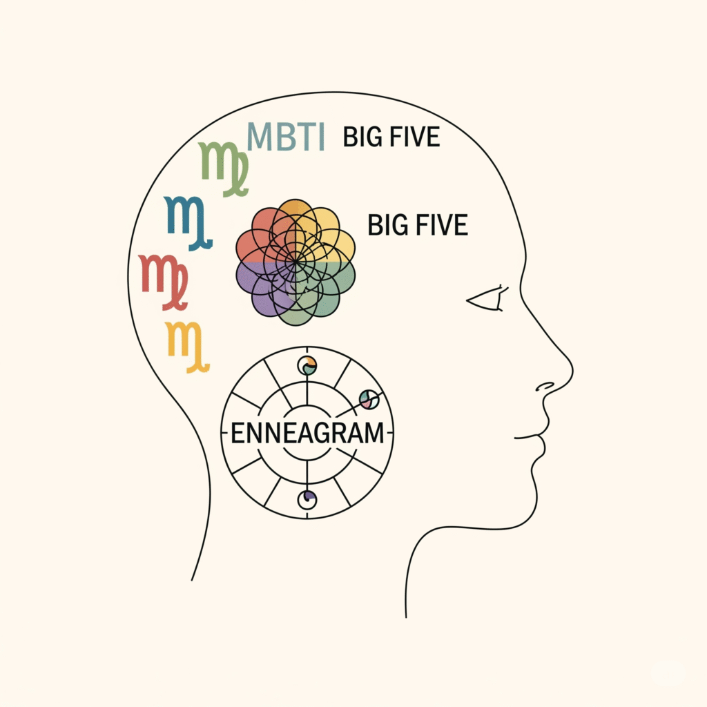 Guia Visual dos Tipos Psicológicos: MBTI, Big Five e Eneagrama Lado a Lado